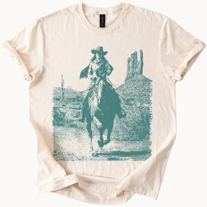 Desert Cowboy Graphic Tee Vintage Western Rider Teal Black